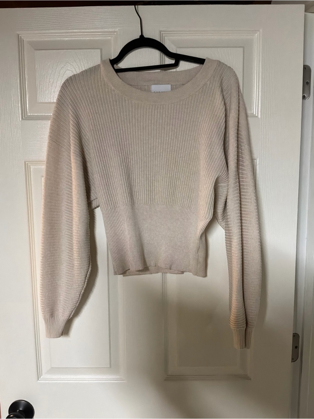Pink Rose Ribbed Cropped Crewneck Sweater - Cream